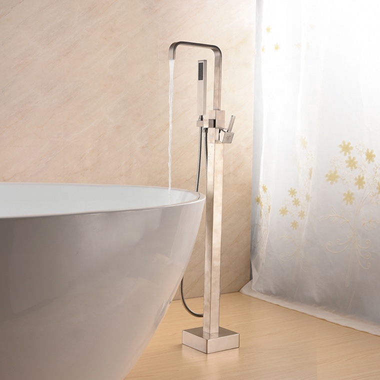 UK Bathroom Brushed Nickel Floor Mount Free Standing Bathtub Tap Faucet Shower System Set