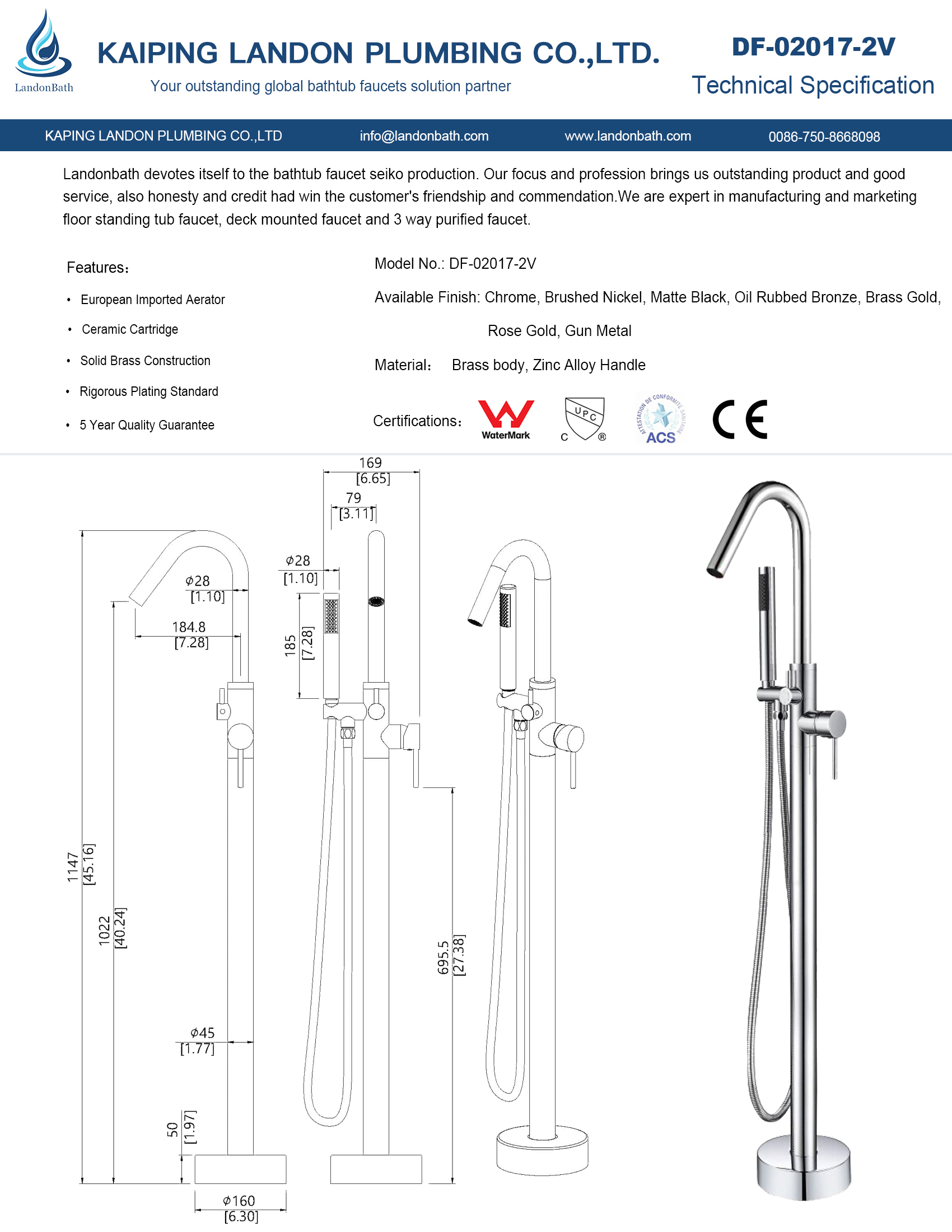 Brass Modern Floorstanding Bathtub Faucet Bath Tub Filler DF-02017-2V