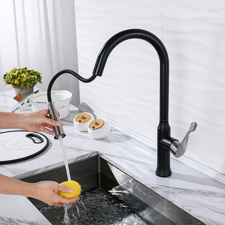 The New Design Single Handle Stainless Steel Mixer Black Water Faucet Pull-Down Kitchen Faucet