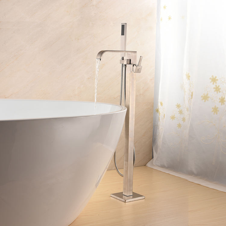 Brushed Nickel Bathroom Bathtub Mixer Tap Floor Standing Faucet