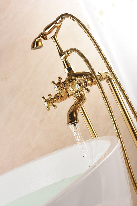Antique Gold Triple Handle Freestanding Bath Tub Mixer Faucets Phone Style Floor Mounted Bathtub Faucet Claw Foot Tub Tap