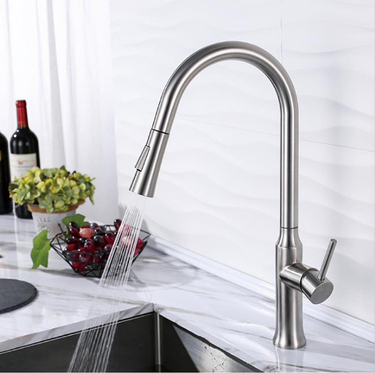 China Hot Sale One-handle Long Neck Kitchen Faucets 304 Mixer Tap Pull Down Kitchen Faucet