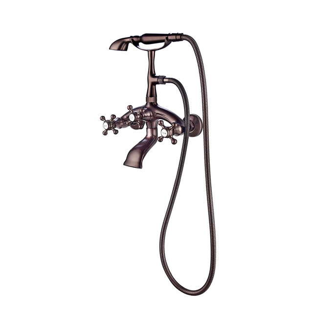 Classic Vintage Black Wall Mount 2 Handles Brass Diverter Bathroom Bathtub Tub Faucet with Telephone Hand Shower