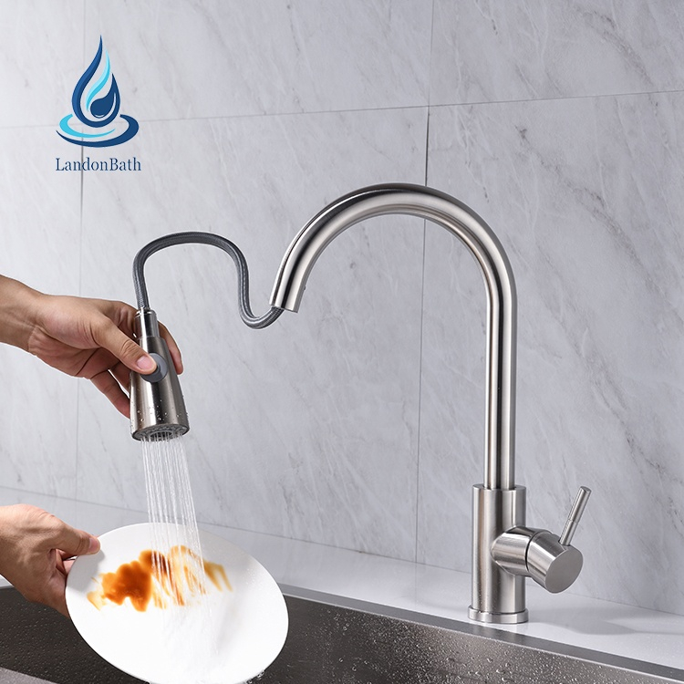 Brushed Mixer Faucet Single Hole Pull Out Spout Kitchen Sink Mixer Tap with Stream Sprayer Head