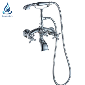 Classical wall mounted polished hot and cold water bathtub faucet with hand shower
