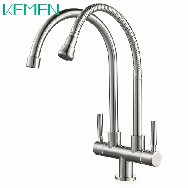 Deck Mounted Cold Water Only Flexible Neck Dual Handle Faucets Double Kitchen Faucet for Malaysia Market