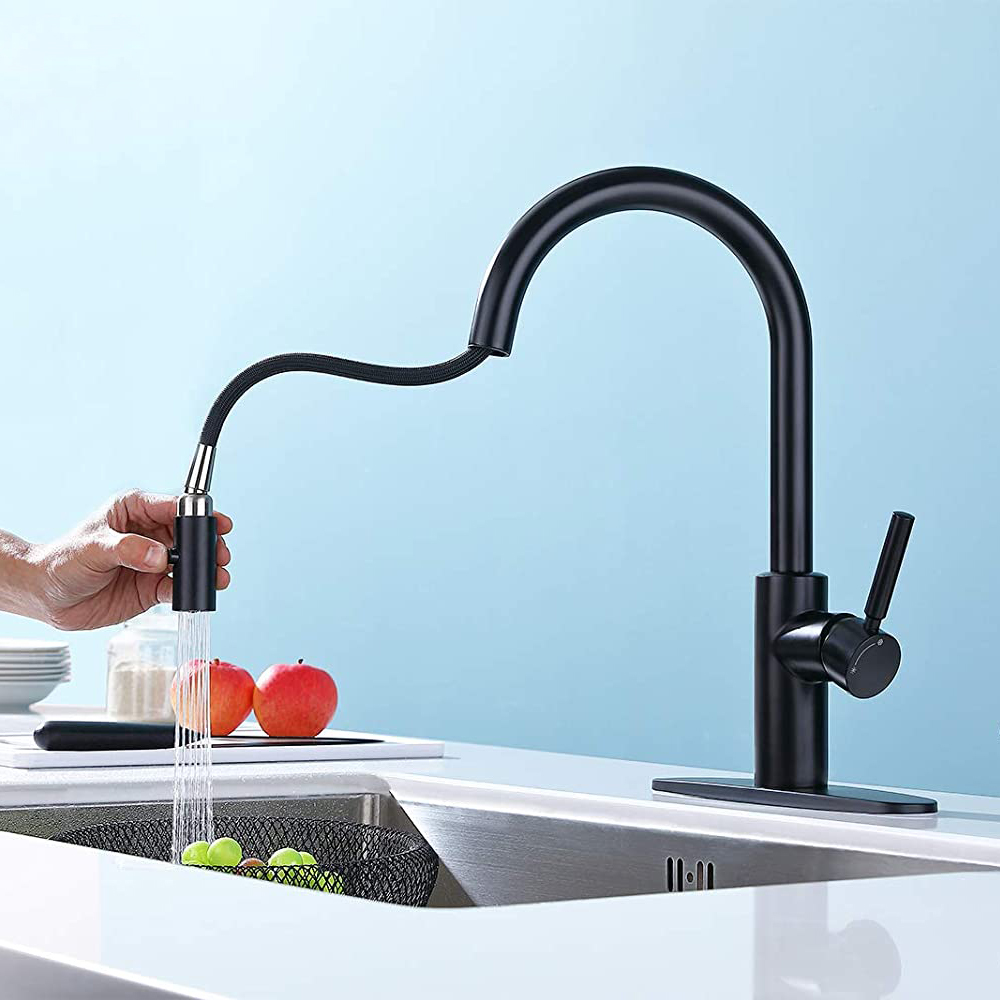 Amazon Hot Sale 304 Stainless Steel Kitchen Sink Water Mixer Black Color Pull Down Kitchen Faucet