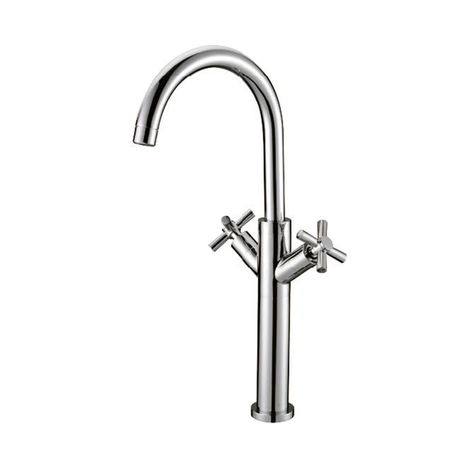 Dual Zinc Handle Brass Body Deck Mounted Wash Mixer High Neck Basin Faucet