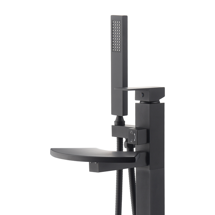 Black Square Single Lever Brass Mixer Tap Freestanding Tub Filler Floor Mounted Single Handle Waterfall Bathtub Faucet