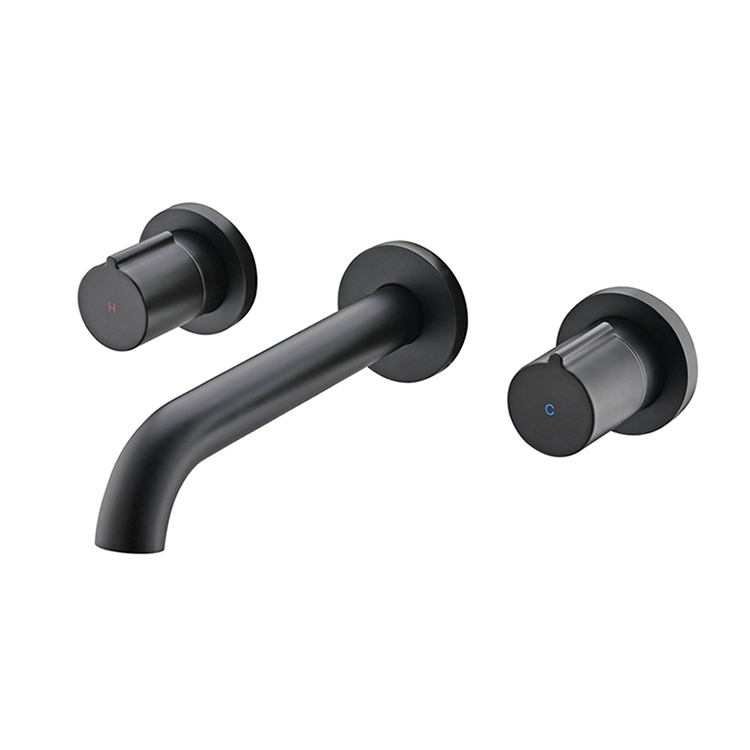 Bathroom 3 Holes Double Handles Brass Basin Mixer Black Wall Mounted Tap