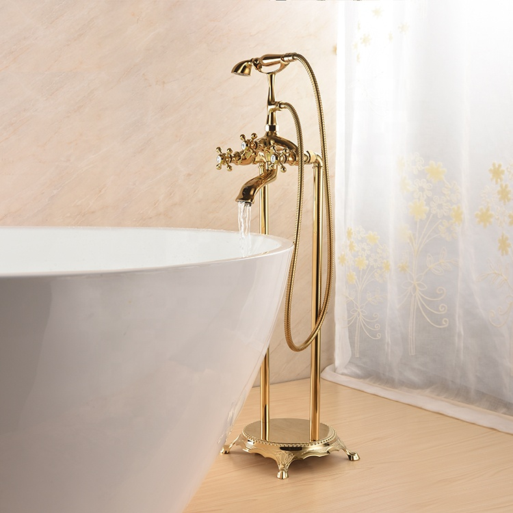 Antique Gold Triple Handle Freestanding Bath Tub Mixer Faucets Phone Style Floor Mounted Bathtub Faucet Claw Foot Tub Tap