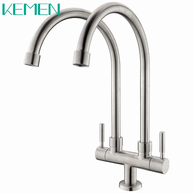 Double Tap 1 in 2 Out Single Cold Water Sink Tap 304 Stainless Steel Kitchen Faucet
