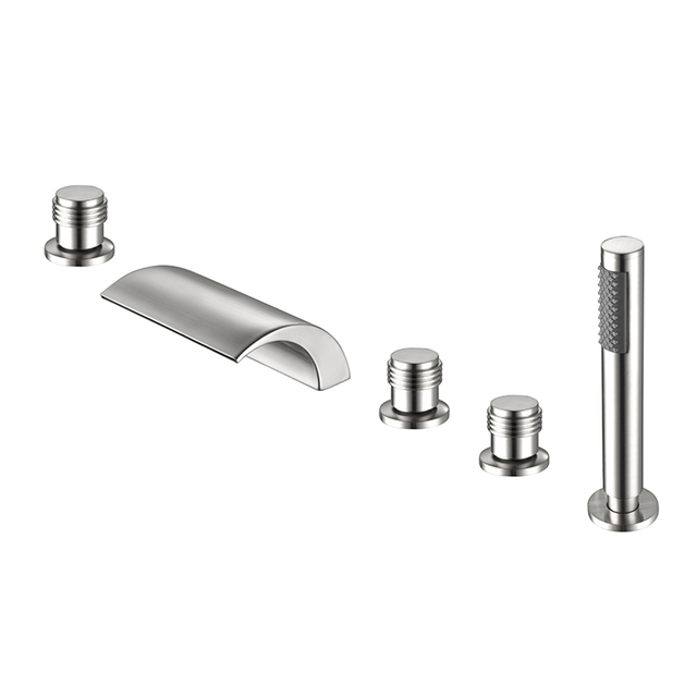Deck Mounted Bath Shower With Hand Set Brushed Nickel Roman Mixer Whirlpool Bathtub Waterfall Faucet