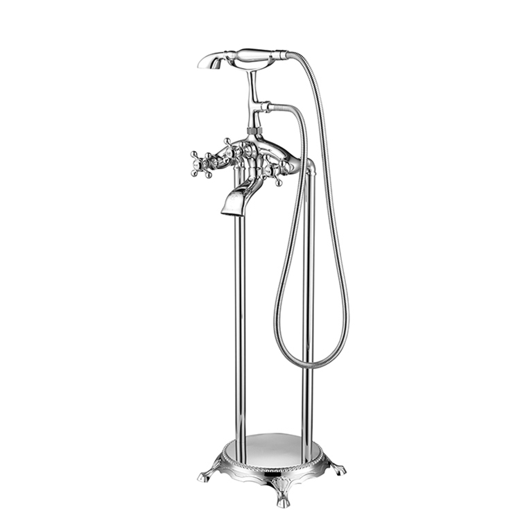 Chrome Floor Mount Tub Filler Bathroom Mixing Tap With Tel Handheld Shower Freestanding Triple Cross Knob Handle Bathtub Faucet