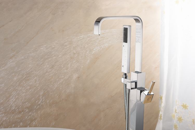 Square Chrome Bathtub Mixer Tap Brass Bathroom Copper Floor Mount Freestanding Tub Filler