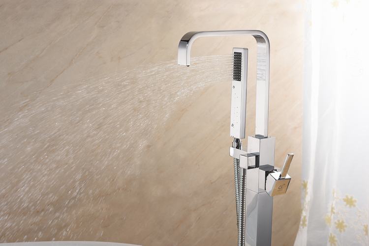 Square Chrome Bathtub Mixer Tap Brass Bathroom Copper Floor Mount Freestanding Tub Filler