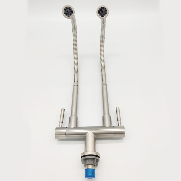 Deck Mounted Cold Water Only Flexible Neck Dual Handle Faucets Double Kitchen Faucet for Malaysia Market