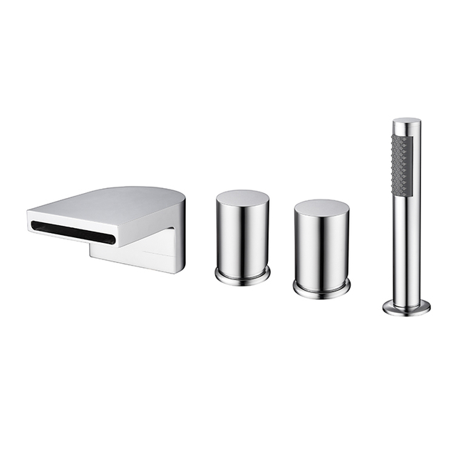 Bathroom 4 Hole Bathtub Faucet with Pull Out Handshower Deck Mount Tub Filler