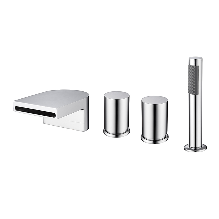 Bathroom 4 Hole Bathtub Faucet with Pull Out Handshower Deck Mount Tub Filler