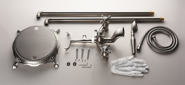 Free Standing Brushed Nickel Bathtub Faucet Triple Handle Floor Mounted Tub Sink Mixer Faucet Brass Bathroom Bath Shower Set Tap
