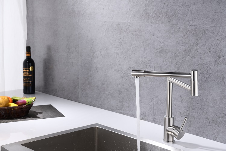 Folding Kitchen Faucet Stretchable Swing Arm Brushed Single Hole Single Handle Deck Mounted Cold & Hot Kitchen Sink Faucet