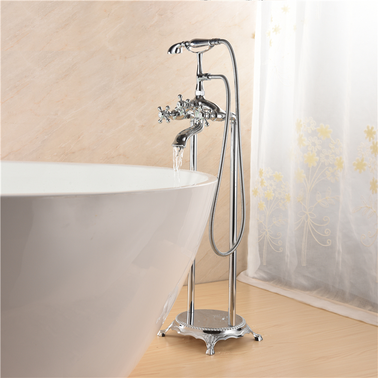 Chrome Floor Mount Tub Filler Bathroom Mixing Tap With Tel Handheld Shower Freestanding Triple Cross Knob Handle Bathtub Faucet