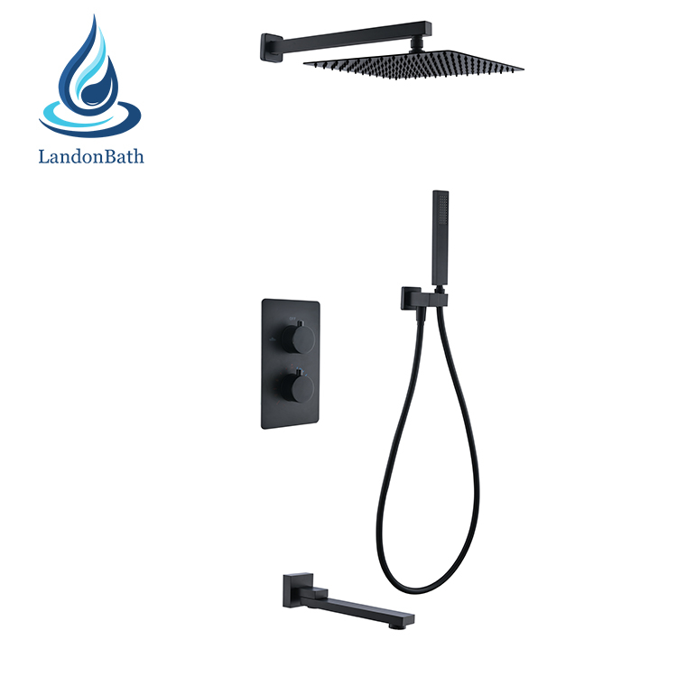 Bathroom Dual Lever Bath Thermostatic Diverter Square Concealed Black Shower Set Rain Head