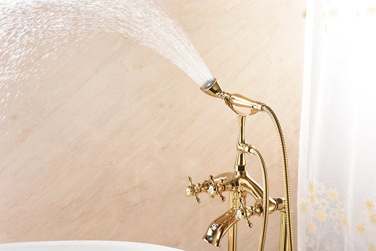 Antique Gold Triple Handle Freestanding Bath Tub Mixer Faucets Phone Style Floor Mounted Bathtub Faucet Claw Foot Tub Tap