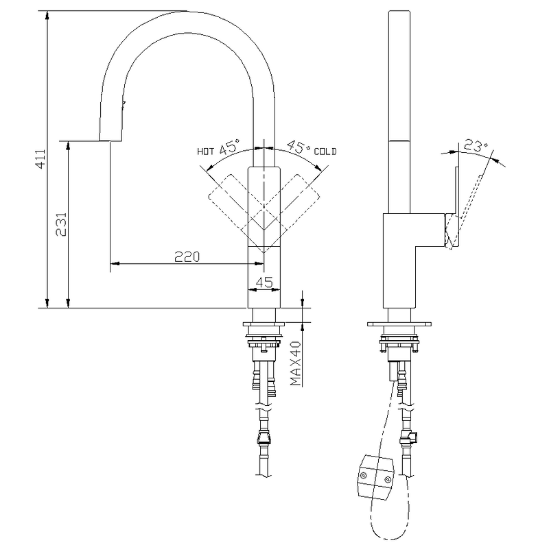 Easy Installation Hot And Cold Water Kitchen Mixer Tap Stainless Steel 304 Pull Down Square Kitchen Faucet