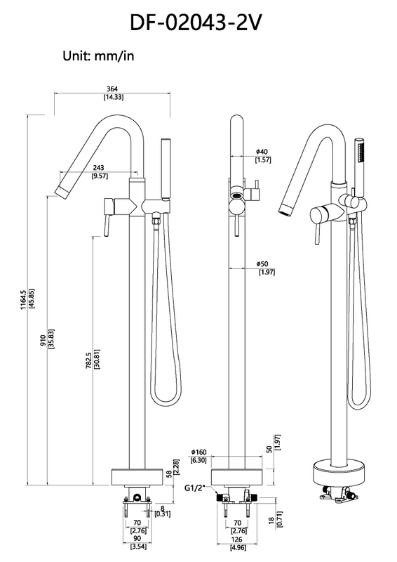 High Flow Rate Brass Round Freestanding Tub Faucet Filler DF-02043-2V