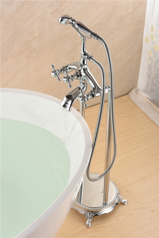 Chrome Floor Mount Tub Filler Bathroom Mixing Tap With Tel Handheld Shower Freestanding Triple Cross Knob Handle Bathtub Faucet