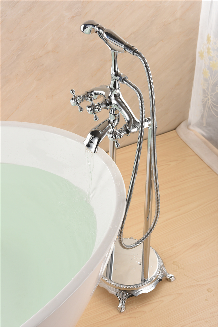 Chrome Floor Mount Tub Filler Bathroom Mixing Tap With Tel Handheld Shower Freestanding Triple Cross Knob Handle Bathtub Faucet