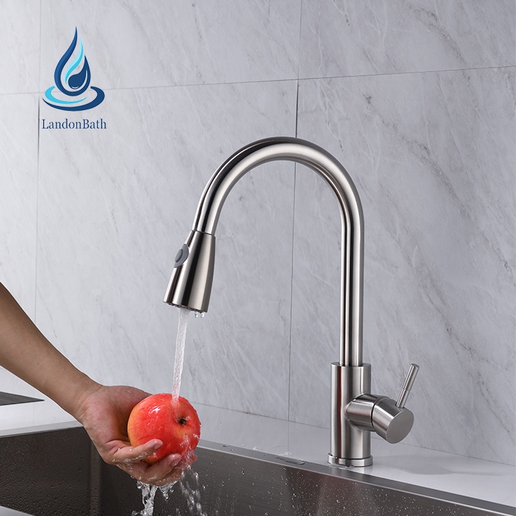 Brushed Mixer Faucet Single Hole Pull Out Spout Kitchen Sink Mixer Tap with Stream Sprayer Head