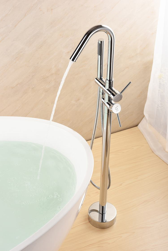Floor Standing Tub Filler Modern Design Brass Stand Alone Double Handles Bathtub Faucet Floor Stand