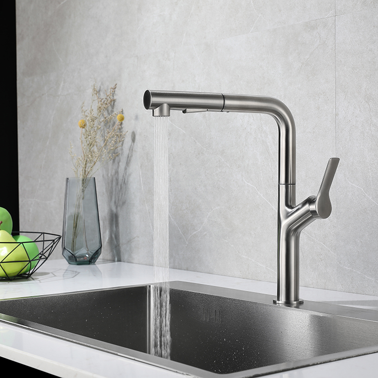 New Modern Style Deck Mounted Stainless Steel Kitchen Faucets with Pull Out Sprayer Brushed Kitchen Mixer