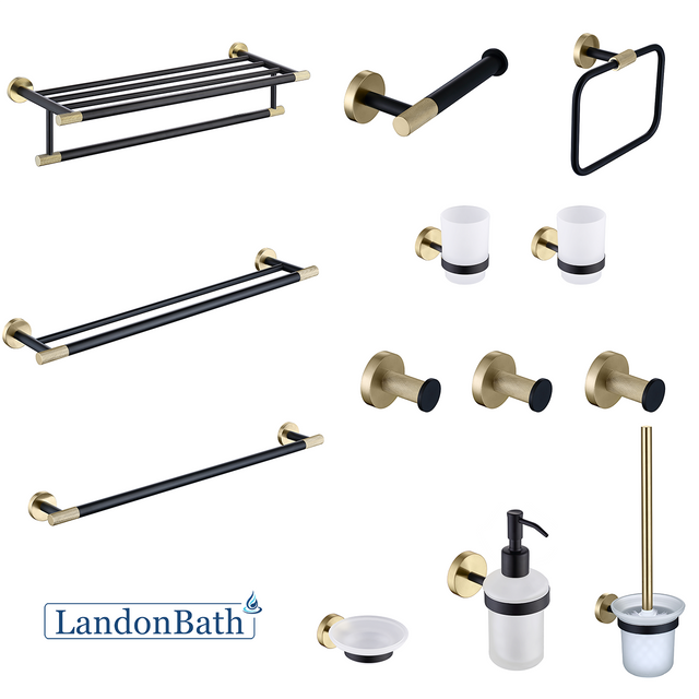 Brushed Gold Black Bathroom Accessories Set Paper Holder Towel Rail 623Series